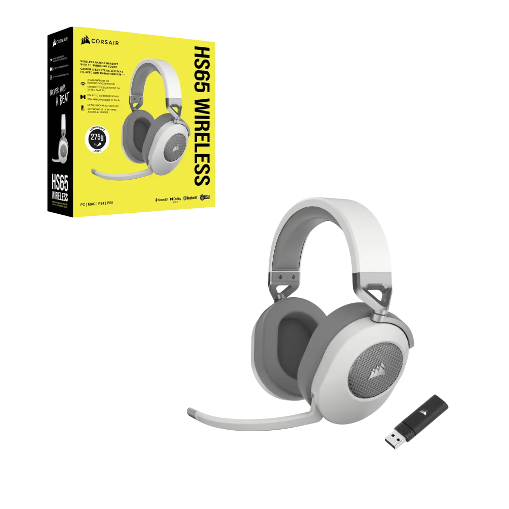 אוזניות גיימינג אלחוטיות CORSAIR HS65 SURROUND 7.1 – לבן