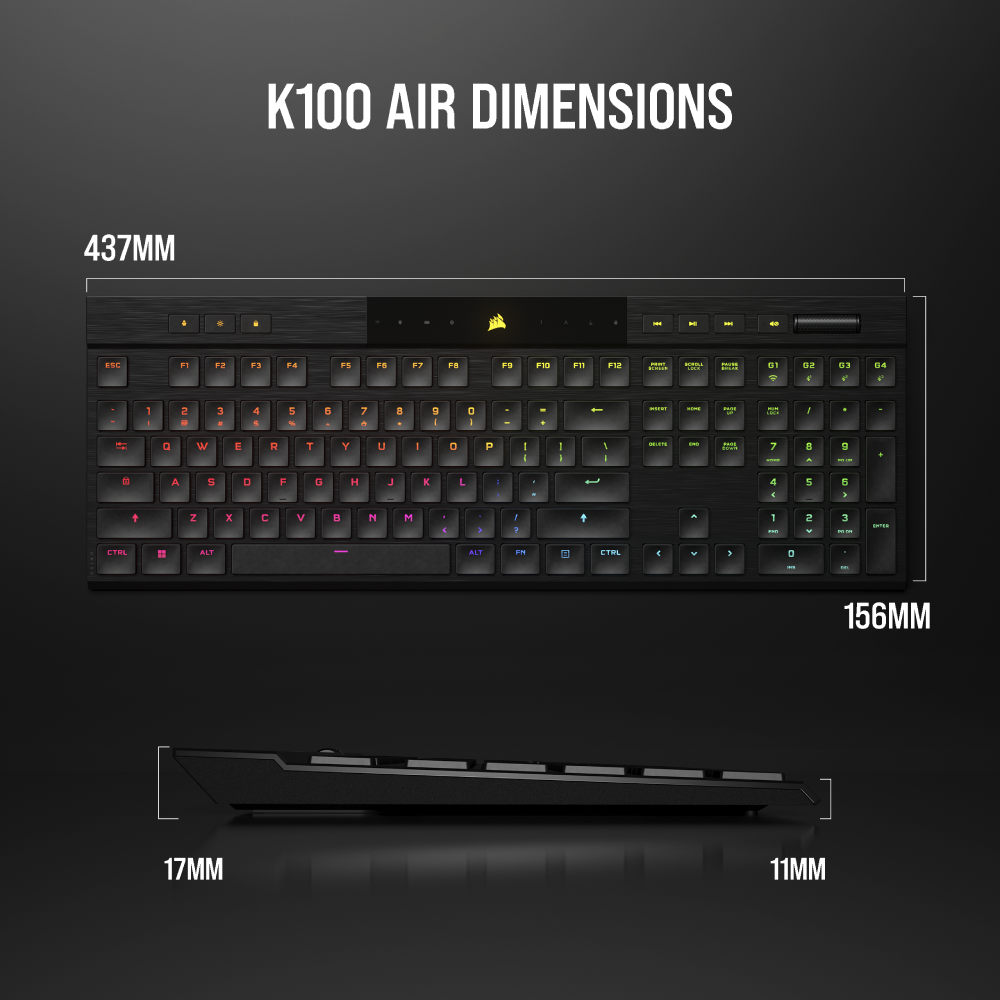 מקלדת גיימינג אלחוטית דקה CORSAIR K100 AIR WIRELESS Ultra-Thin