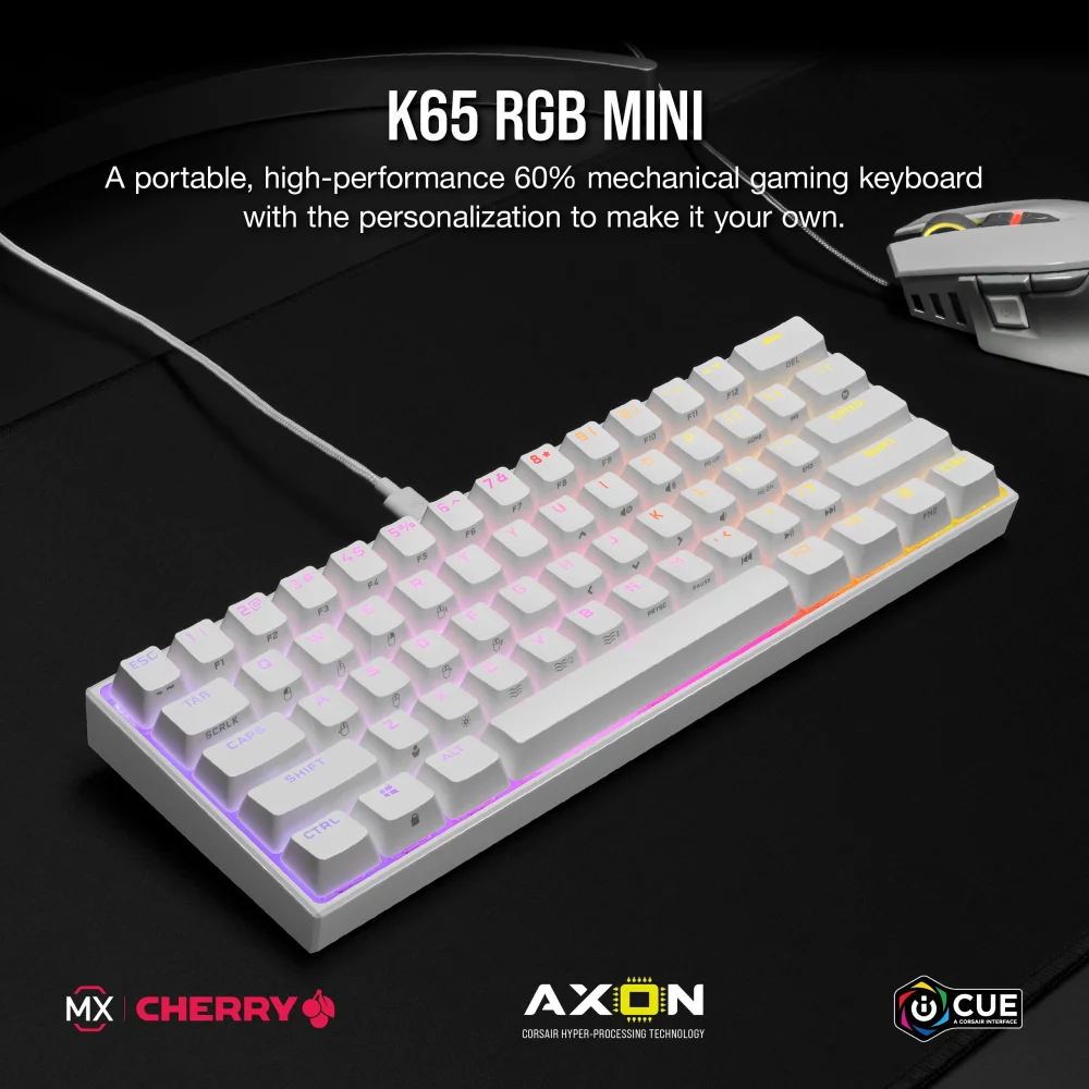  מקלדת מכנית לבנה CORSAIR K65 White RGB MINI 60% 