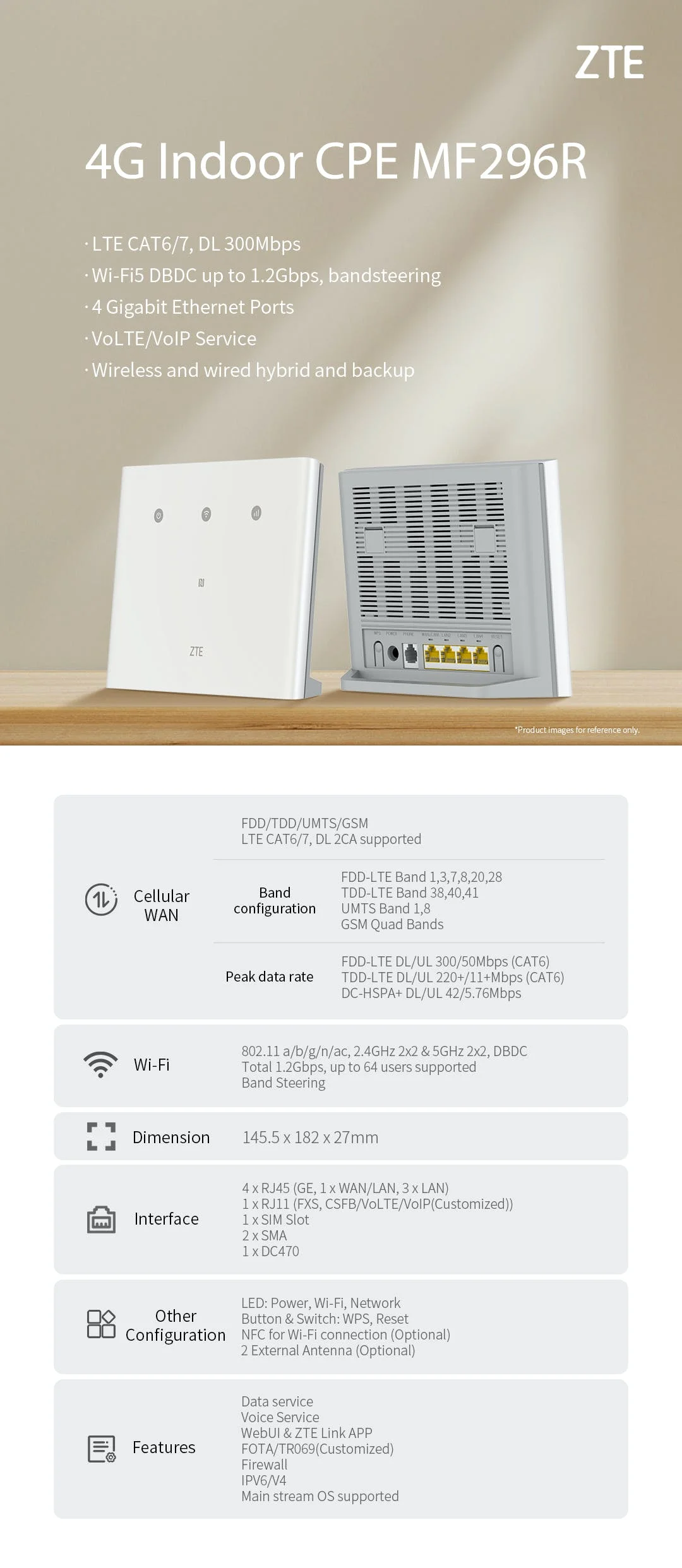  נתב סלולרי שולחני +4G + טלפון ZTE MF296R 
