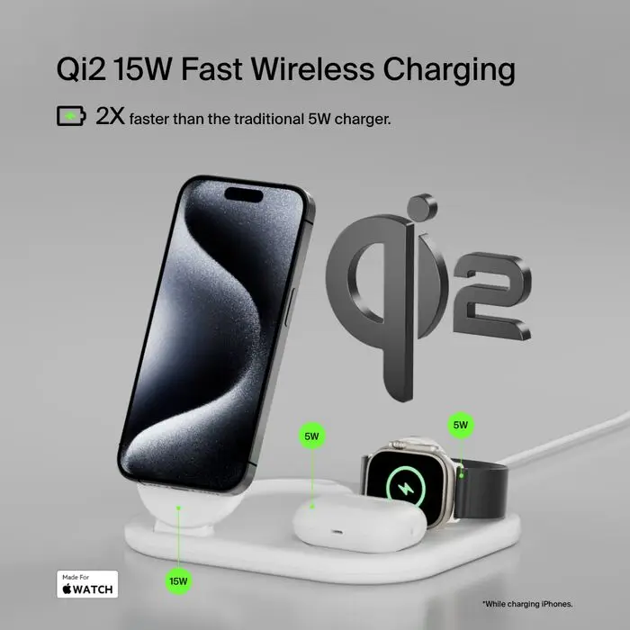  משטח טעינה אלחוטי מגנטי Belkin BOOST CHARGE 15W Qi2 3 IN 1 15W Belkin WIZ029VFWH 