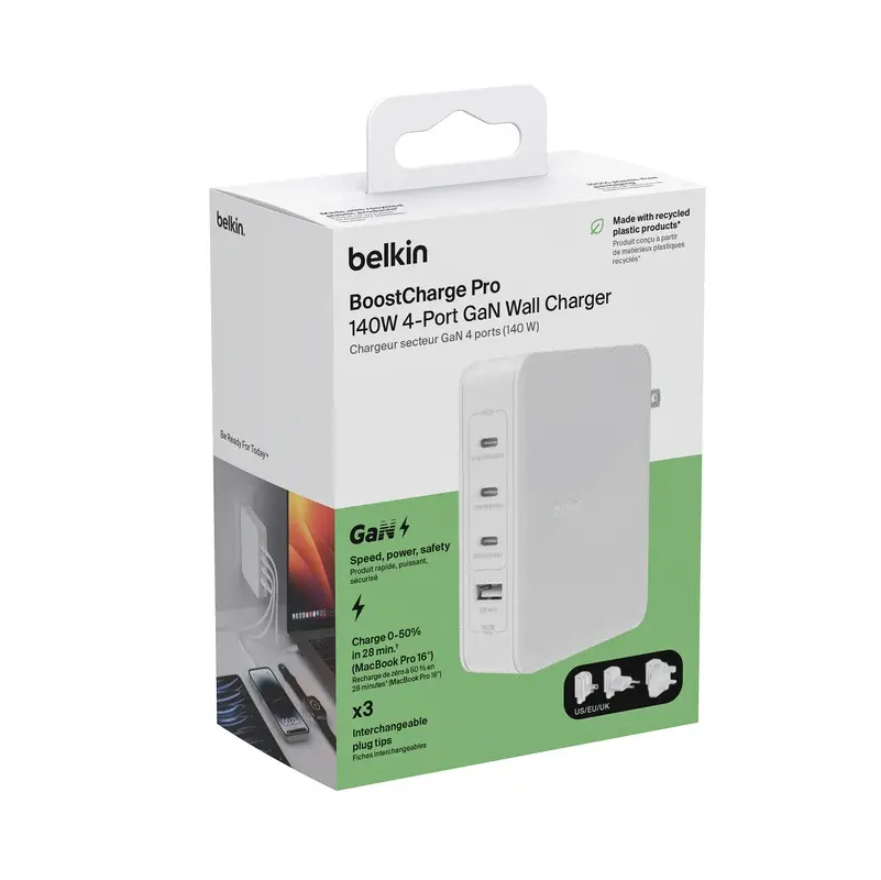  מטען קיר 4 יציאות Belkin BoostCharge 140W עם מתאמים לשקעים UK, EU, US WCH014bt 