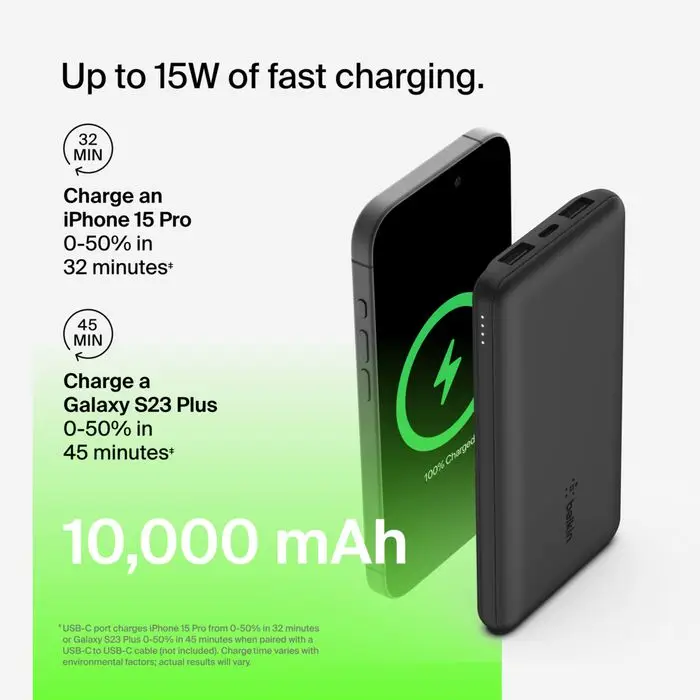  מטען נייד / סוללת גיבוי 3 יציאות Belkin 15W בנפח 10000mAh מתאים למכשירי iPhone ו- Samsung Belkin BPB011bt 