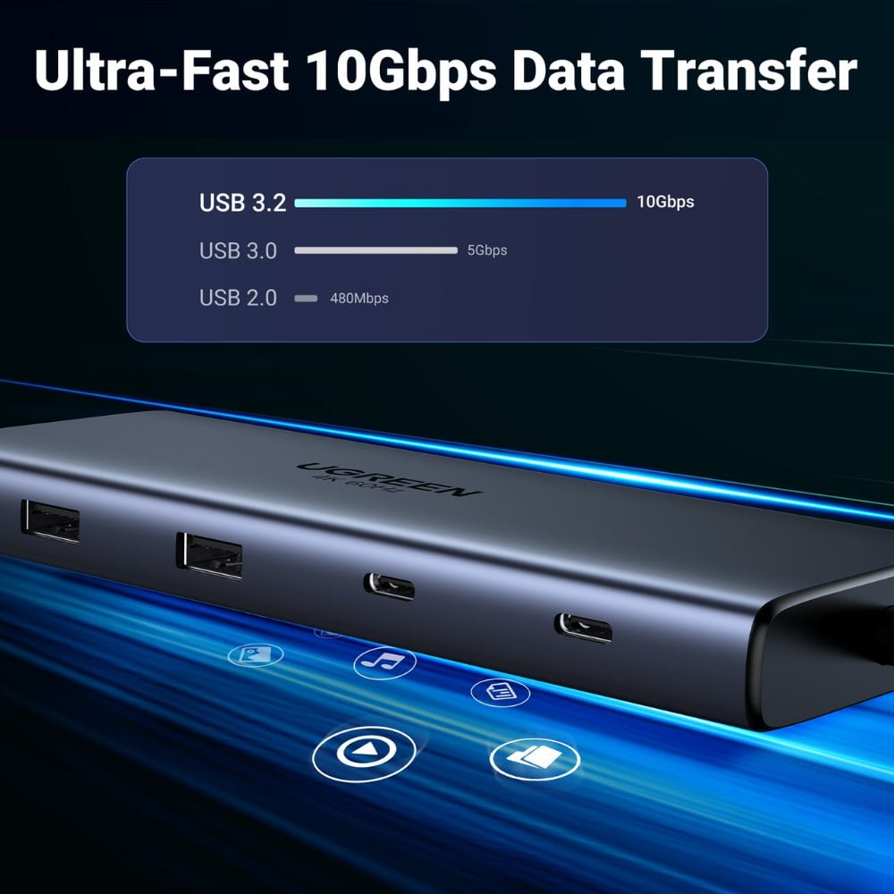  מולטיפורט UGREEN USB-C 10 ב-1 – כולל HDMI כפול, יציאות USB-A ו-USB-C, רשת, קורא כרטיסים וטעינה מהירה UGREEN CM639 45380 