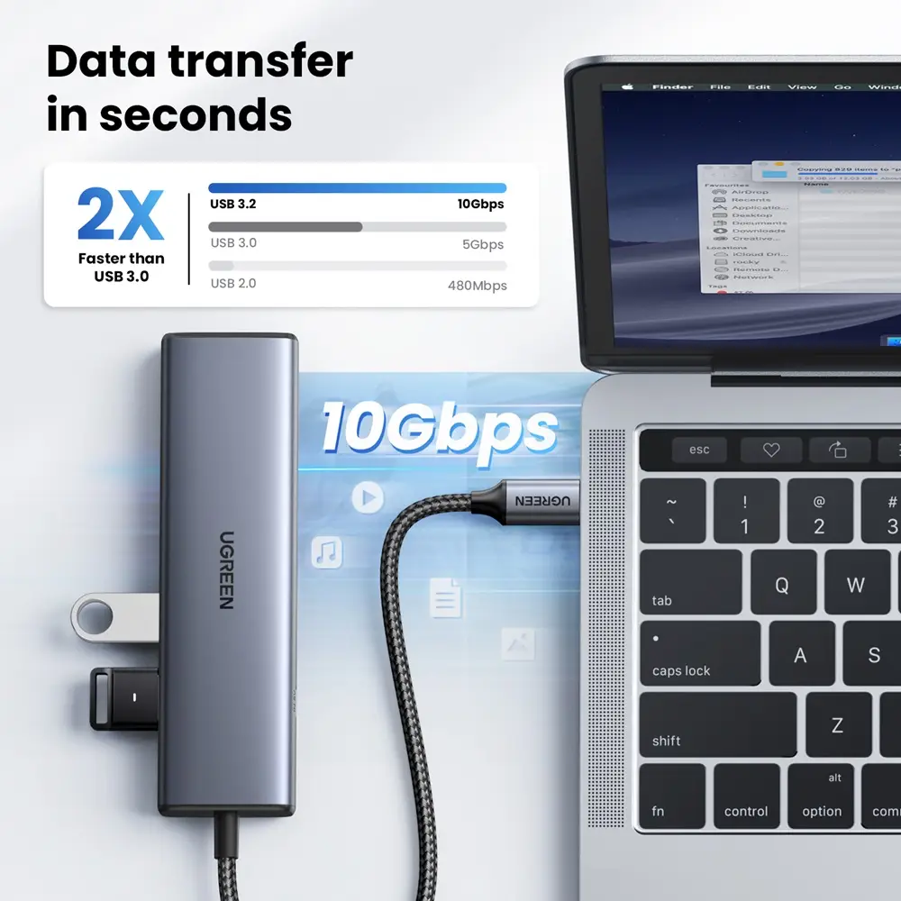  מפצל UGREEN עם חיבור רשת קווי Ethernet, מתאם כולל 3 יציאות USB + חיבור RJ45 מהיר + קורא כרטיסים UGREEN CM512 45320 