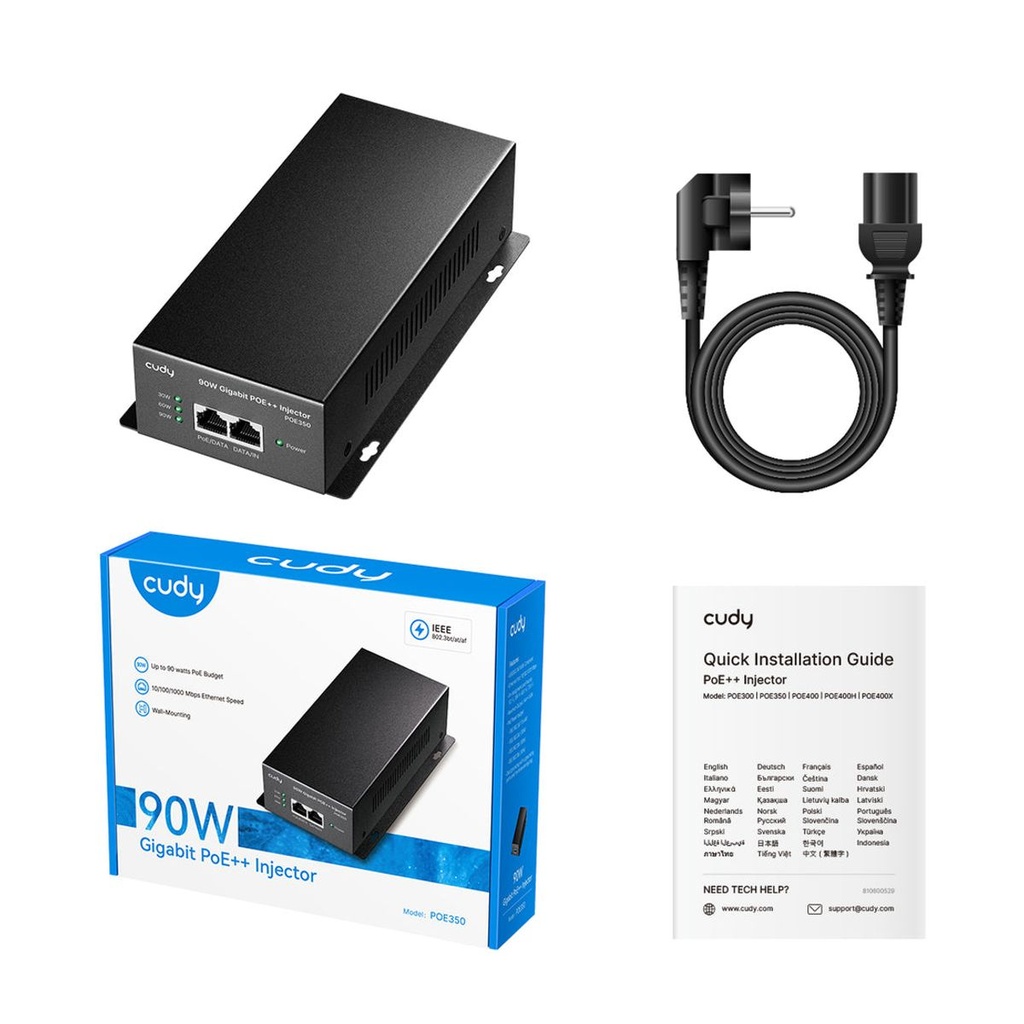  מתג שולחני CUDY 90W Gigabit PoE+/PoE Injector POE350 