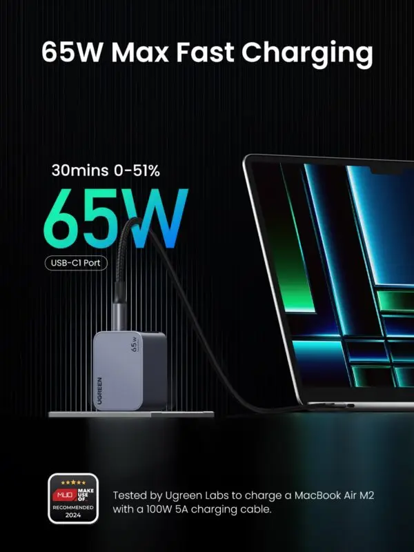  מטען קיר מהיר UGREEN NEXODE PRO 65W GAN + כבל CTC UGREEN X755 25871 