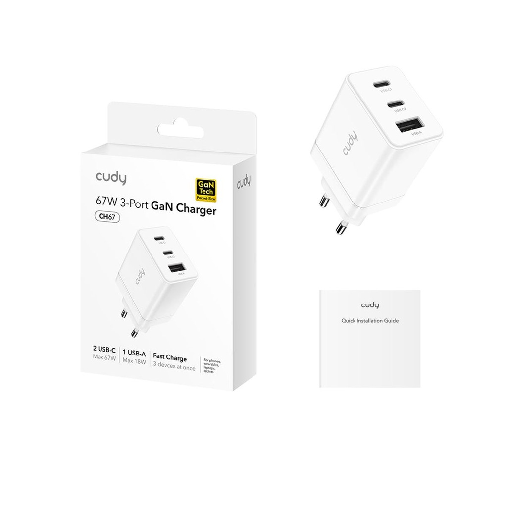  מטען CUDY 3-Port 67W USB-C Charger with EU Plug CH67_EU 