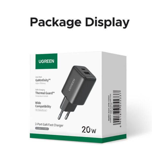 מטען קיר כפול UGREEN 20W USB-C GaN 1A1C UGREEN GAN 20W 1A1C 