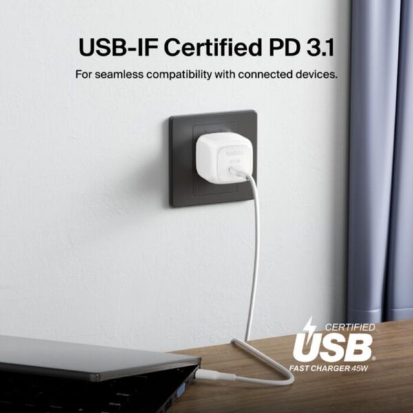  מטען קיר קומפקטי Belkin USB-C 45W טעינה מהירה Belkin WCA013kqWH 