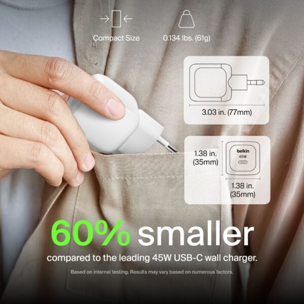  מטען קיר קומפקטי Belkin USB-C 45W טעינה מהירה Belkin WCA013kqWH 