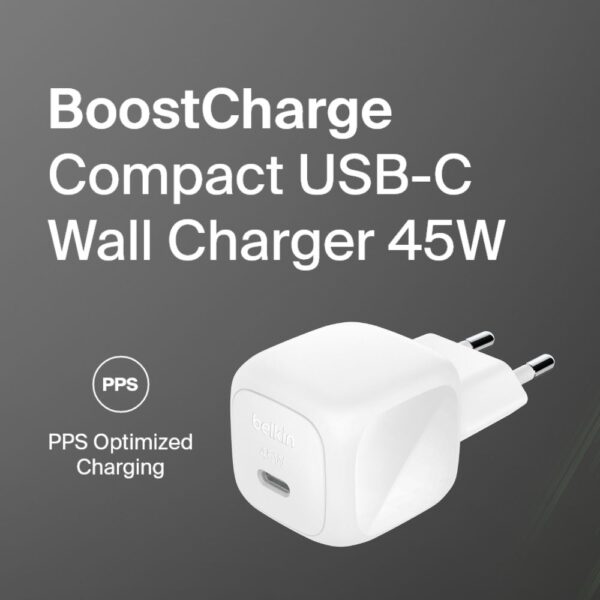  מטען קיר קומפקטי Belkin USB-C 45W טעינה מהירה Belkin WCA013kqWH 