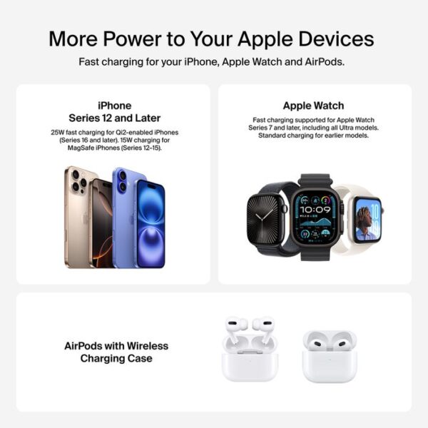  עמדת טעינה מגנטית 3 ב-1 בטכנולוגיית Qi2 25W Belkin UltraCharge Pro תומך MagSafe ו-Apple Watch Belkin UltraCharge Pro WIZ040kqSD 