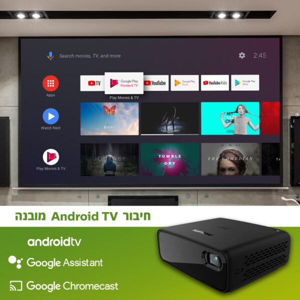  מקרן נייד קומפקטי PHILIPS PicoPix Micro 2TV ברזולוציה HD 480p HDMI Android TV PHILIPS PicoPix Micro2 TV 