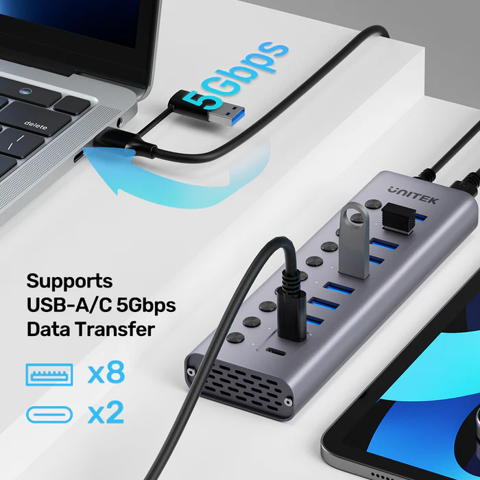 H1315B01 - מפצל 10 פורטים עם טעינה - 8 חיבורי USB-A ו-2 USB-C 
