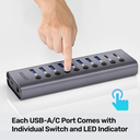  H1315B01 - מפצל 10 פורטים עם טעינה - 8 חיבורי USB-A ו-2 USB-C 