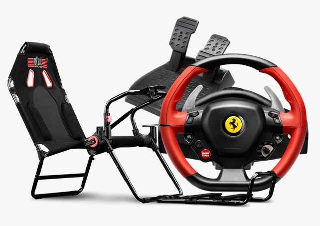 באנדל הגה Ferrari 458 Spider מבית Thrustmaster ומושב GTLite Carbon Grey מבית Next Level Racing
