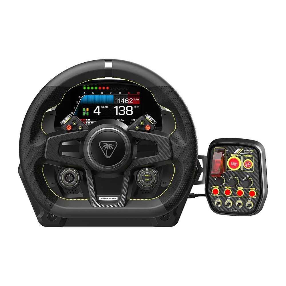 סט הגה ודוושות VelocityOne™ Race – תואם Xbox ו־PC – מבית Turtle Beach