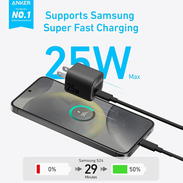 מטען קיר קומפקטי Anker USB-C Wall Charger 25W בצבע שחור