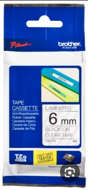 סרט מקורי למדפסת מדבקות 6 ממ כתב שחור/סרט שקוף Brother TZE-111
