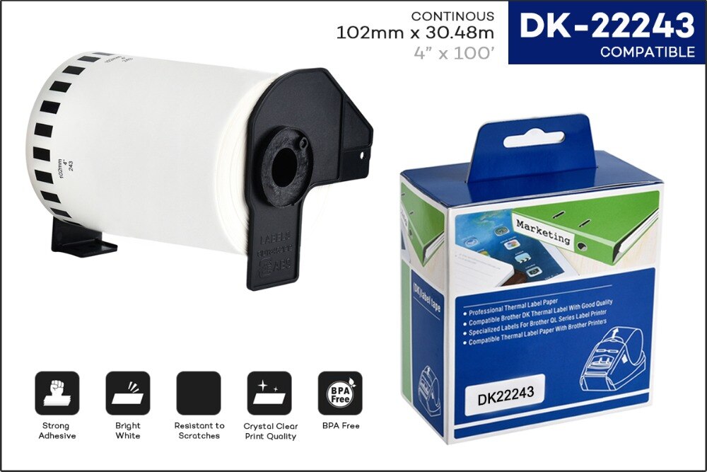 מדבקות נייר תואמות רציף רוחב 102 מ"מ אורך 30.48 מטר Brother DK-22243 ברדר