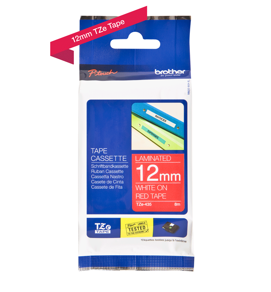 סרט מקורי למדפסת מדבקות 12 ממ כתב לבן/סרט אדום Brother TZe-435 