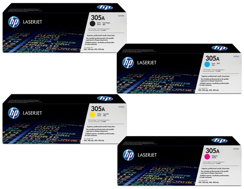 סט 4 טונרים מקוריים HP 305A CE410A + CE411A + CE412A + CE413A (תפוקת דפים בשחור 2,200 דף, בצבע 2,600 דף )