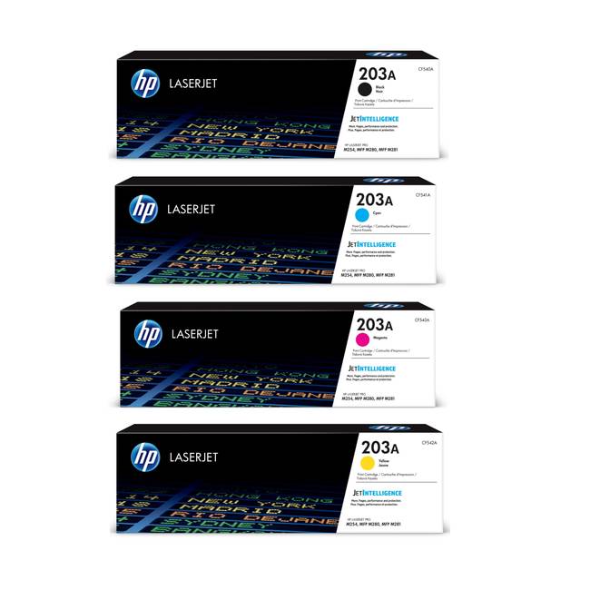 סט טונרים מקוריים HP CF540A-CF543A 203A (תפוקת דפים בשחור 1,400 דף, בצבע 1,300 דף)