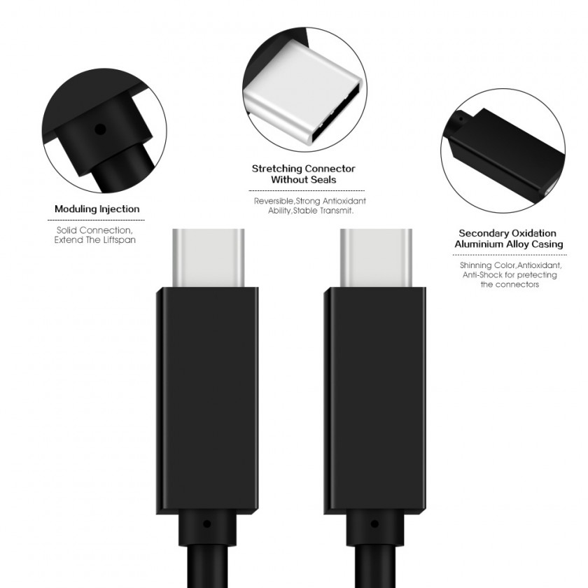 כבל 10Gbps 100W USB3.2 GEN2, תקע USB C זכר - C זכר, תומך אודיו/וידאו 4k@60hz באורך 1 מטר TopX