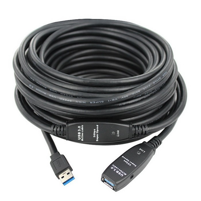 כבל מאריך אקטיבי USB3.0 זכר - נקבה מוגבר, 15 מטר + שקע DC