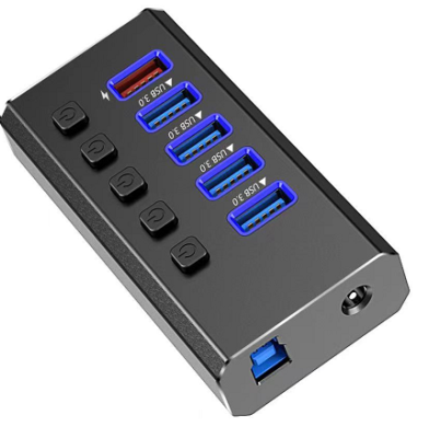 רכזת USB3.0 אלומיניום 7 פורט, מתוכם 4 להטענה מהירה, כולל ספק כוח