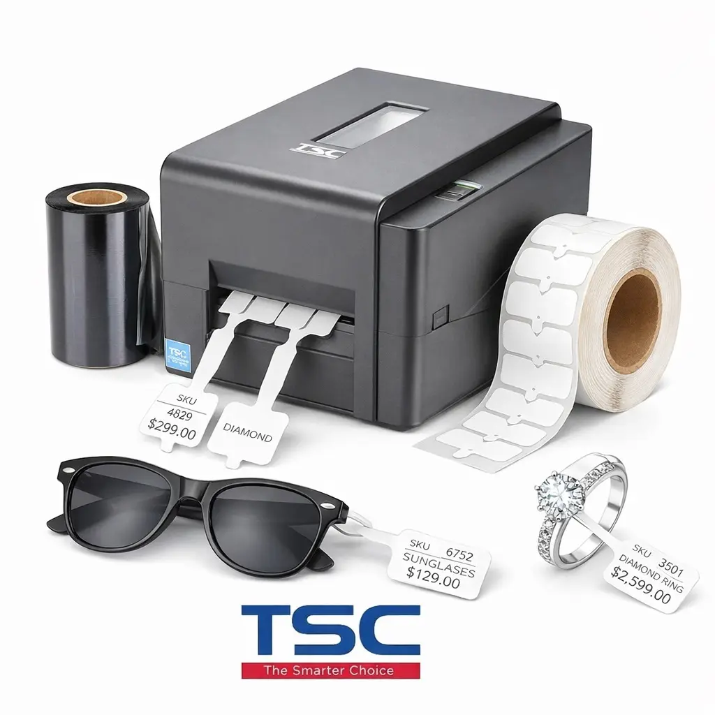 חבילת מדפסת מדבקות מקצועית לחנויות תכשיטים ואופטיקאים הכוללת 1000 מדבקות פרפר PP, סרט דיו ותוכנת הפקת מדבקות