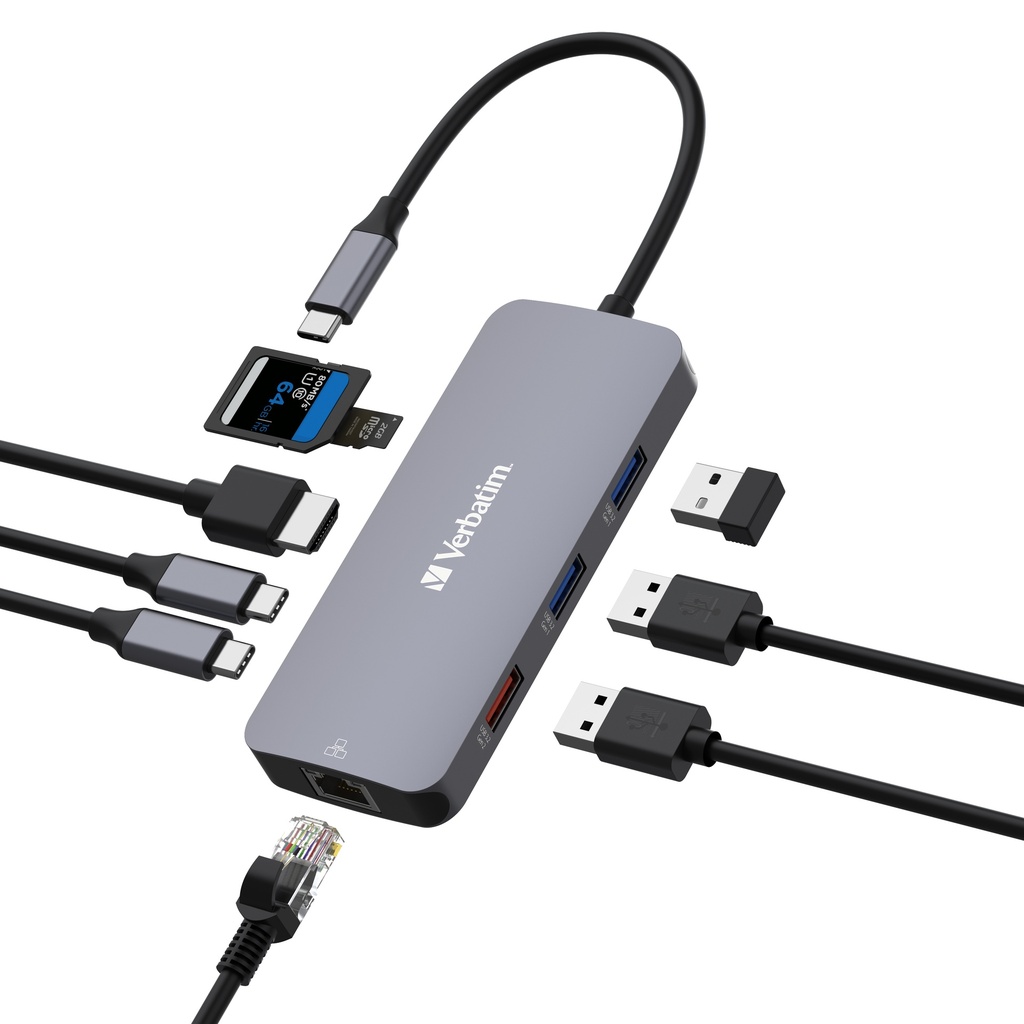 תחנת עגינה VERBATIM USB-C™PRO MULTIPORT HUB 1 x HDMI, 1 x RJ45, 2 x USB-C 3.2 Gen2, 1 x USB-A 3.2 Gen2, 2 x USB-A 3.2 Gen1, 1 x SD card slot, 1 x microSD card slot 