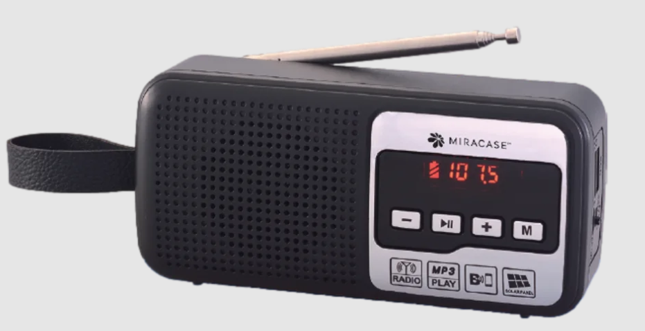 רדיו FM דיגיטלי עם BLUETHOOTH וטעינה סולארית בצבע כסף-שחור 