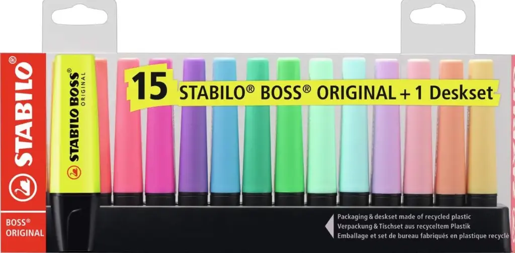 סט טוש זוהר 15 יח' STABILO BOSS כולל מעמד לשולחן 
