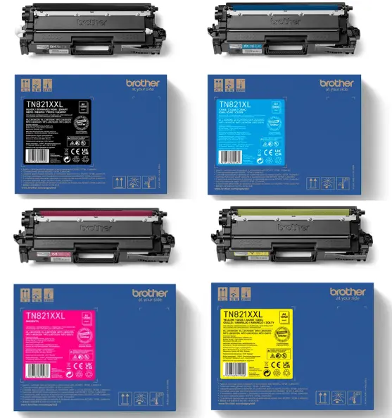 סט טונרים מקוריים BROTHER TN821XXL (12,000 דפים בצבע, 15000 בשחור)