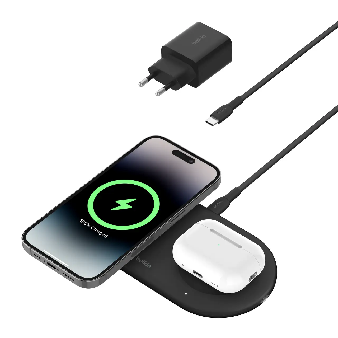 משטח טעינה אלחוטית מגנטית 2 ב-1 Belkin BoostCharge Pro MagSafe 15W Qi2 WIZ021VFBK-WH 
