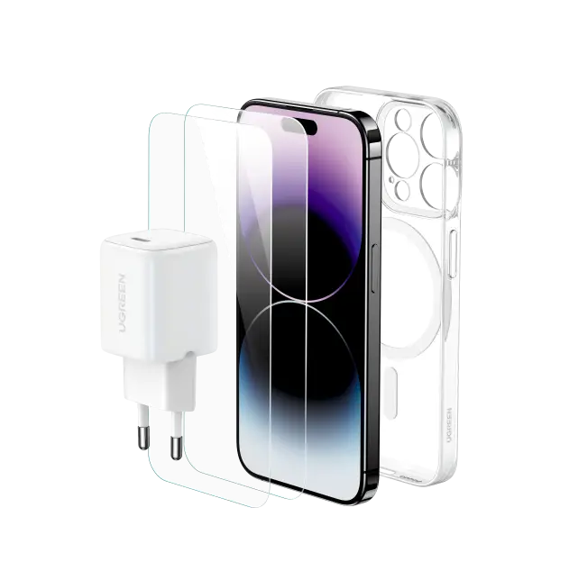  מארז IPHONE 15 PLUS הכולל: מטען קיר 30W + כיסוי MagSafe + זוג מגני מסך זכוכית LP795-25929 
