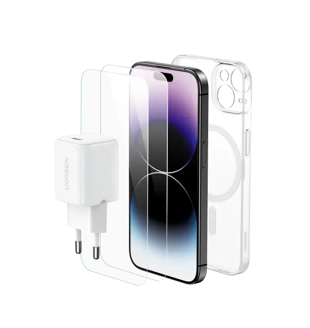  מארז IPHONE 15 PRO הכולל: מטען קיר 30W + כיסוי MagSafe + זוג מגני מסך זכוכית LP796-25930 