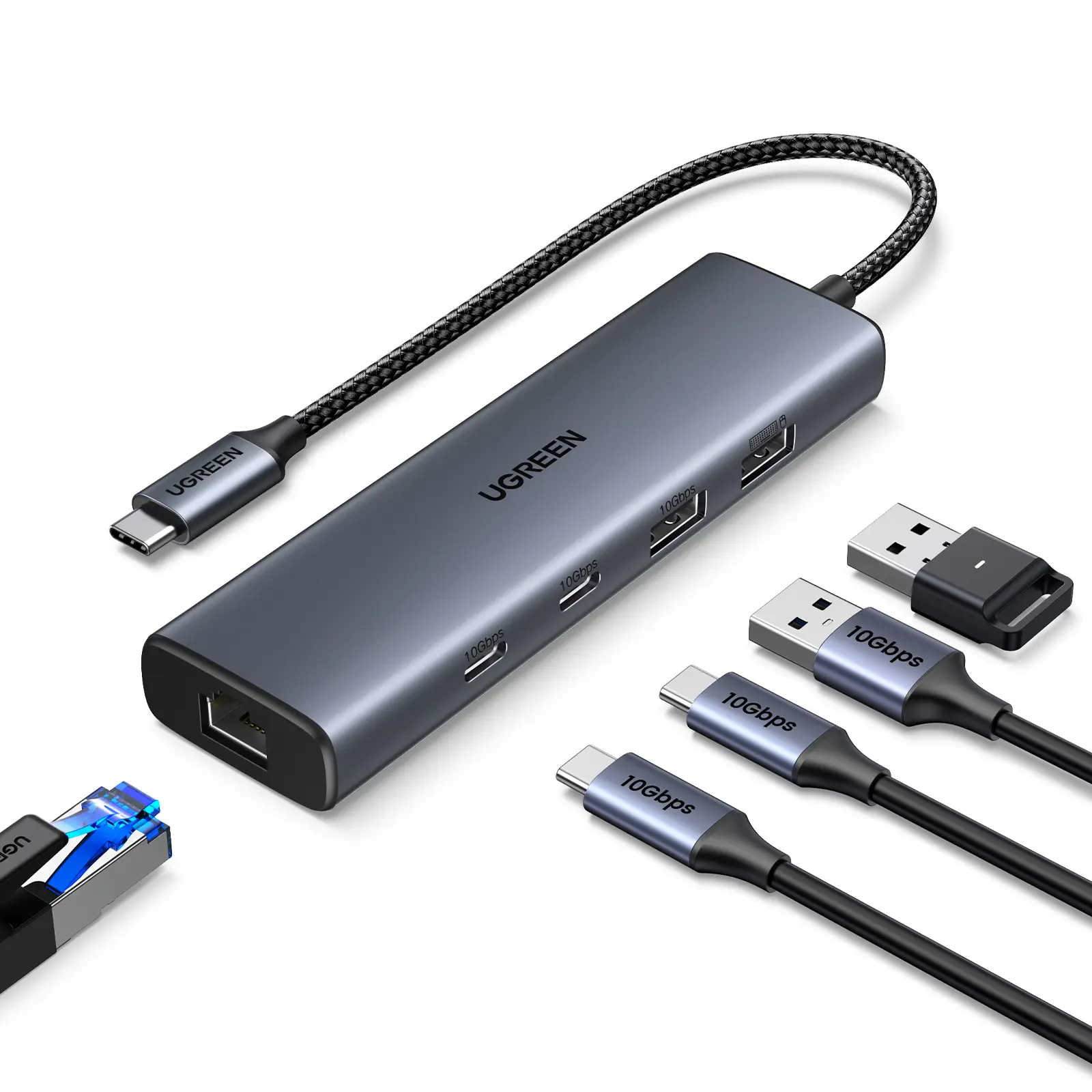  מפצל UGREEN עם חיבור רשת קווי Ethernet, מתאם כולל 3 יציאות USB + חיבור RJ45 מהיר + קורא כרטיסים UGREEN CM512 45320 