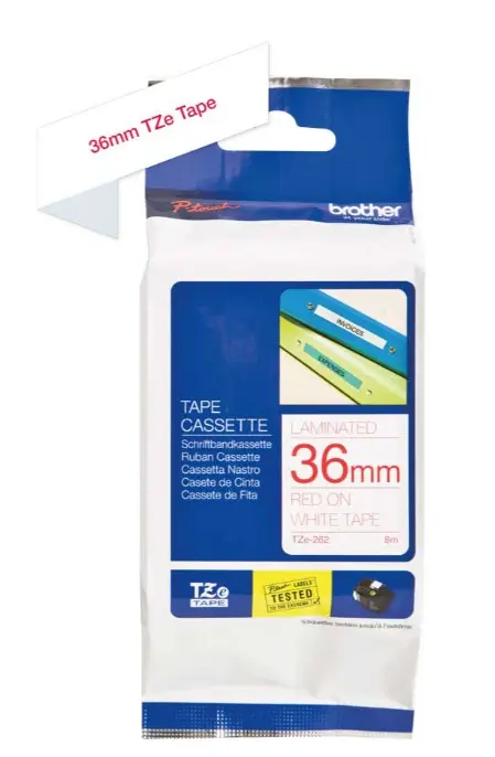 סרט מקורי למינציה אדום על לבן דביק סטנדרטי TZe של 36 מ“מ (8 מטרים) Brother TZE262 