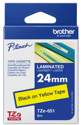 סרט מקורי למדפסת מדבקות 24 ממ כתב שחור/סרט צהוב Brother TZe-651 