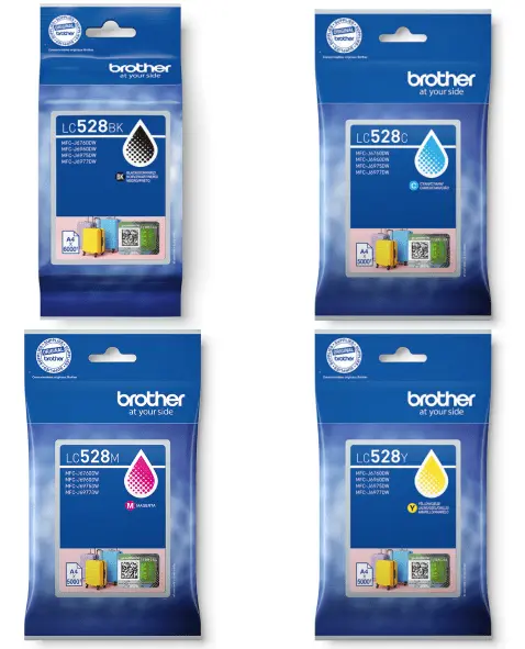 סט 4 ראשי דיו מקוריים Brother LC528BK/M/C/Y   (6,000 דפים בשחור 5,000 דפים בצבע)  