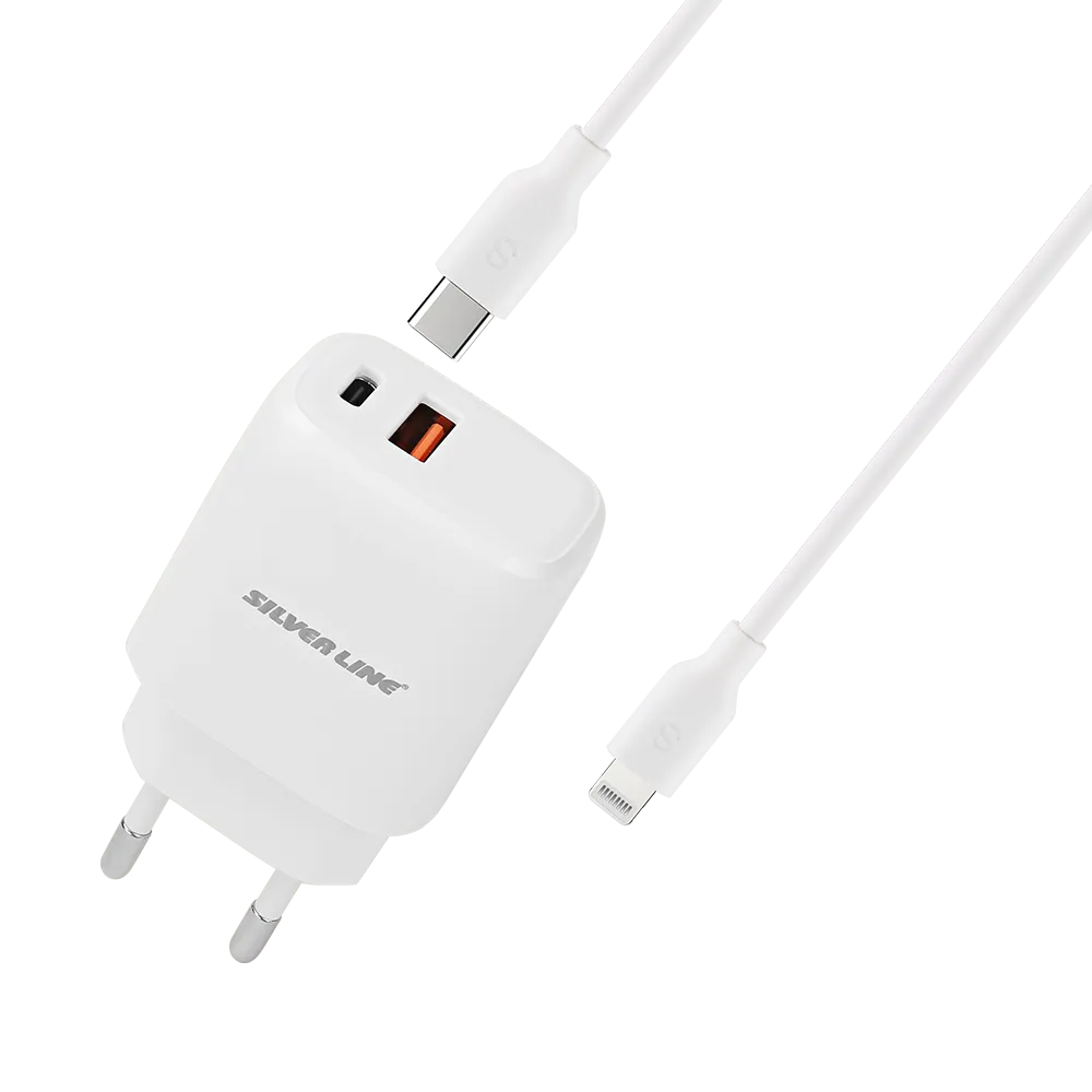 מטען קיר מהיר PD20W + QC3.0 18W בצבע לבן מבית SILVER LINE