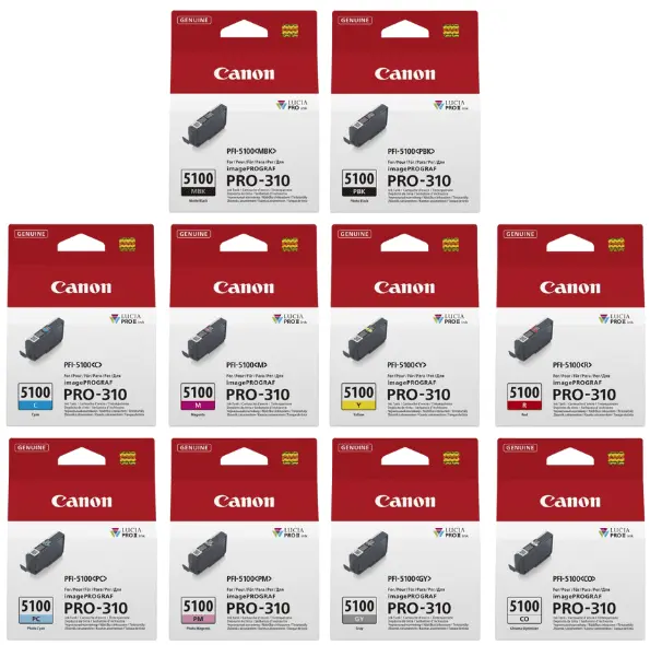 סט 10 ראשיו דיו מקוריים Canon PFI-5100M/R/C/GY/PC/CO/PM/Y/MBK/PBK 
