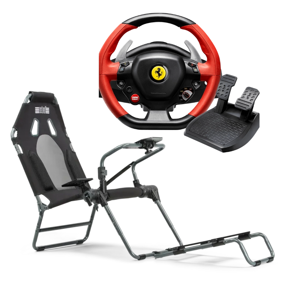 באנדל הגה Ferrari 458 Spider מבית Thrustmaster ומושב GTLite Carbon Grey מבית Next Level Racing